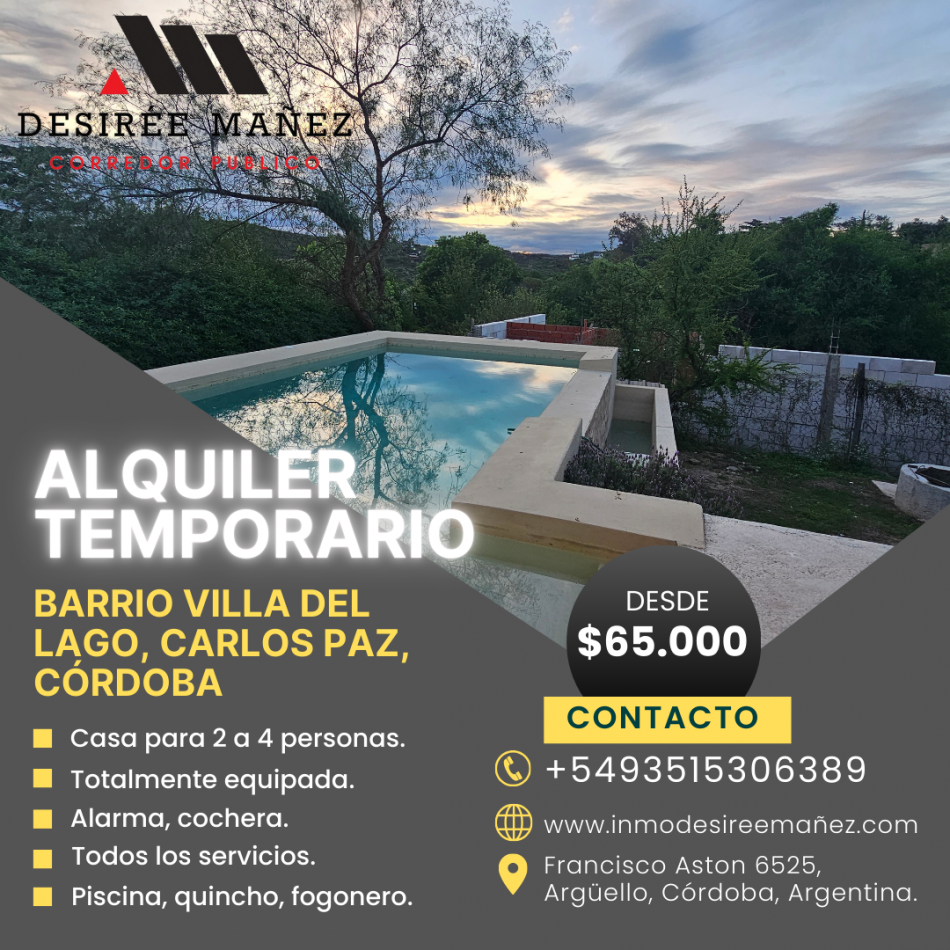 TEMPORARIO -  Barrio Villa del Lago en Carlos Paz, Cordoba