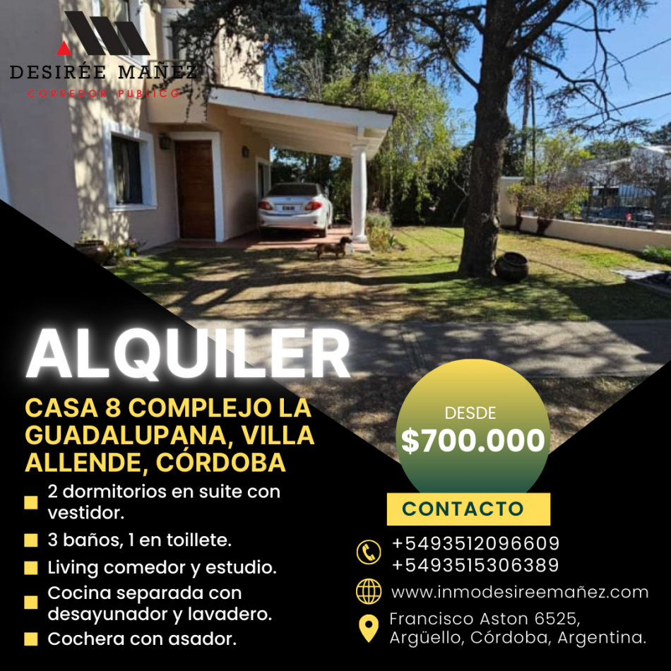 ALQUILER - Casa 2 dorm en Complejo La Guadalupana, Villa Allende, Cordoba.