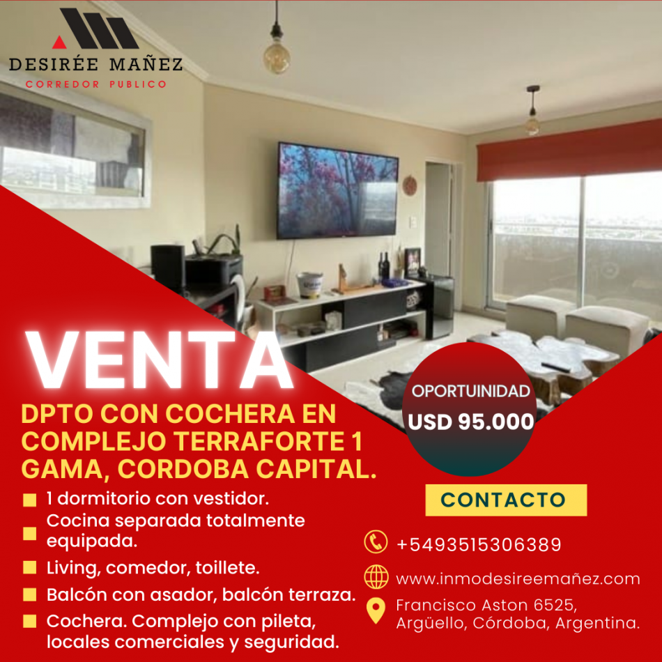 Depto 1 dormitorio en Complejo Terraforte 1, Cordoba Capital.